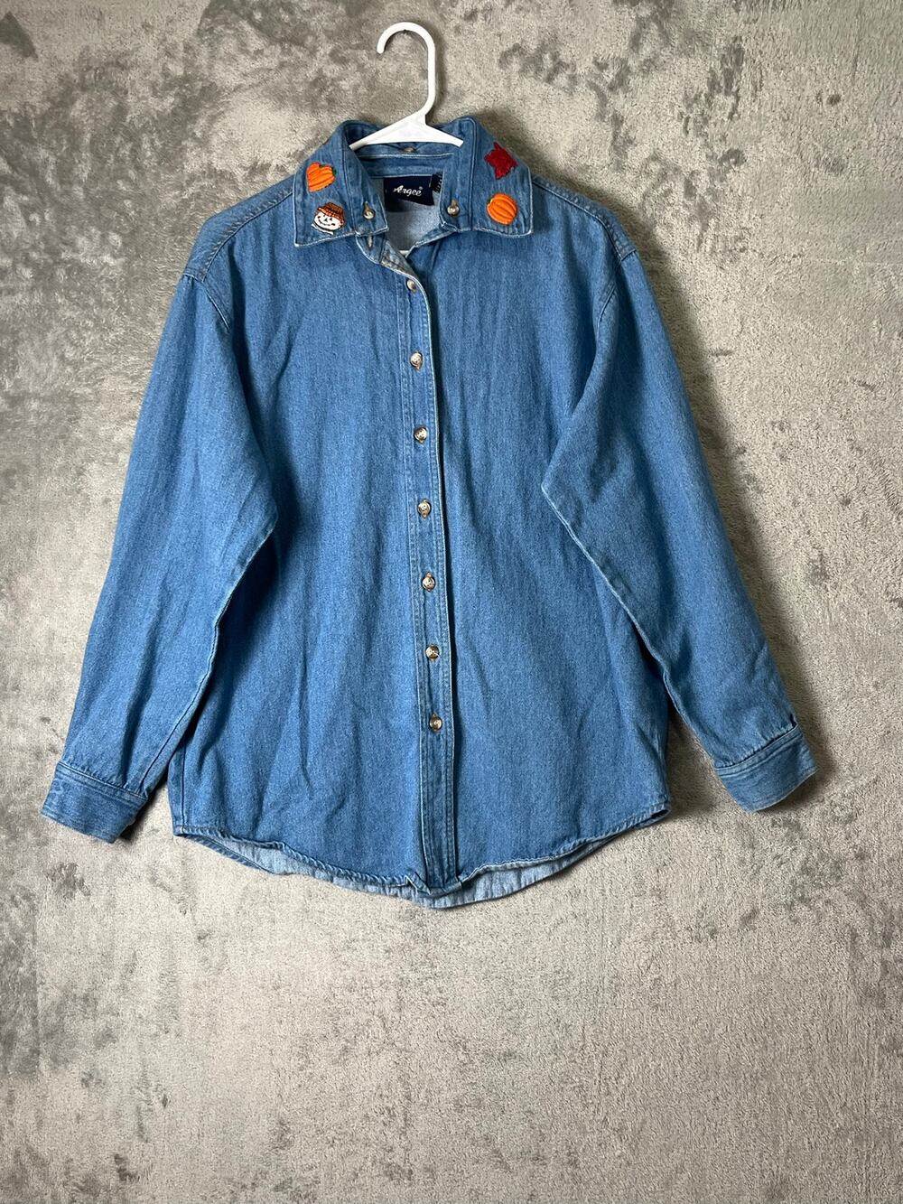 Vintage Fall Shirt Embroidered Denim Button Down Shirt Pumpkin Ghost Spooky